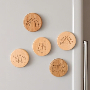 Creative beech wood magnetic bottle opener set in circular design on white background