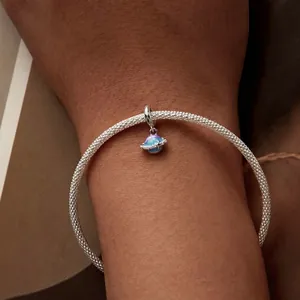 S925 silver mesh bracelet featuring a dreamy blue planet charm with sparkling crystals