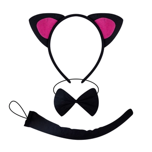 Three-piece black and pink plush cat ear headband set with bow tie and furry tail
