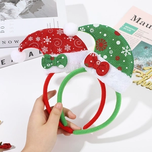 Festive red and green Christmas antler headbands with plush Santa hats and snowflakes