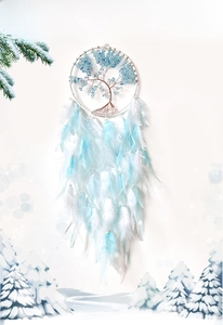 Detailed view of handwoven Tree of Life dreamcatcher with blue crystals and soft feathers