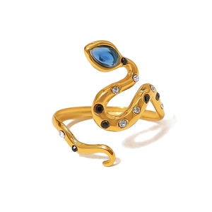 18K gold plated snake ring with blue zircon teardrop stone and crystal details