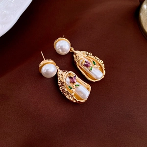 French Vintage Flower Enamel Dangle Earrings Baroque Gold Copper With 925 Sterling Silver Earring Post Artificial Pearl