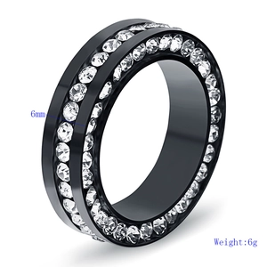 Close-up of 6mm black stainless steel ring with double row of clear cubic zirconia inlay