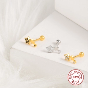 S925 sterling silver star screw back earrings with micro-inlaid zircon in gold and silver