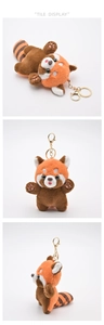 Three views of cute red panda plush keychain with golden ring on white background
