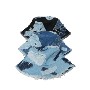 Distressed denim bucket hats with frayed edges and patchwork in multiple colors