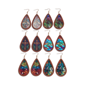 Set of 12 teardrop wooden earrings with colorful glass-style patterns on white background