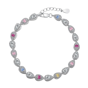 Bracelet en argent S925 avec zircons colorés en forme de goutte, rose, bleu et jaune