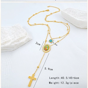 Detailed size specifications for gold double-layer necklace with Virgin Mary pendant