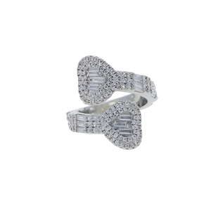 Macro detail of silver open ring with double hearts paved in baguette cubic zirconia