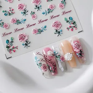 5D Embossed Rose Flower Nail Art Stickers Japanese Style Self Adhesive Manicure Decoration For Women