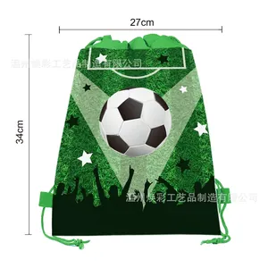 Soccer drawstring gift bag with green grass texture and football design, 27x34cm size