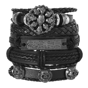 Men Retro Punk Multi-layer Leather Bracelet Skull Cross Charms With Spanish Scripture Padre Nuestro Braided Gothic Wristband
