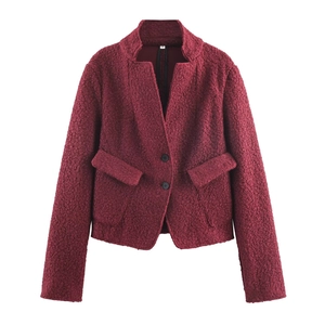 Women Boucle Texture Jacket Slim Fit Lapel Long Sleeve Single Breasted Casual Outerwear Wine Red