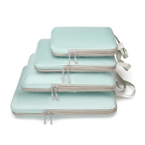 Detail of four light mint green waterproof travel organizers with textured fabric