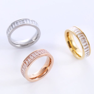 Elegant stainless steel eternity rings with rectangular zircon in silver, gold, and rose gold