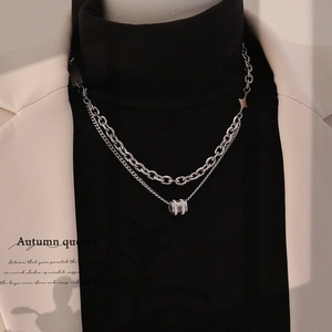 Double Layer Necklace 304 Stainless Steel Star Cylindrical Pendant Hip Hop Punk Clavicle Chain Minimalist Jewelry For Women Men