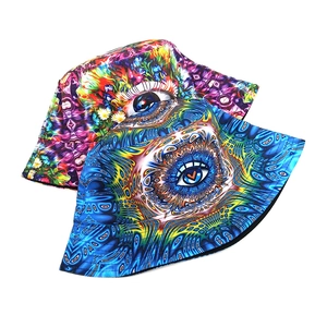 Psychedelic eye pattern bucket hats in blue and purple tones shown from a top-down view