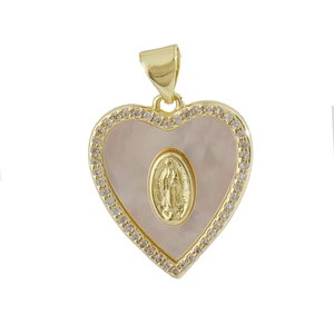 Macro shot of heart-shaped gold cross pendant with pink shell and Virgin Mary relief