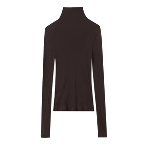 Flat lay of a dark brown high neck long sleeve cotton t-shirt with slim fit design