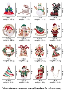 Detailed size chart showing 16 different Christmas brooch designs with measurements