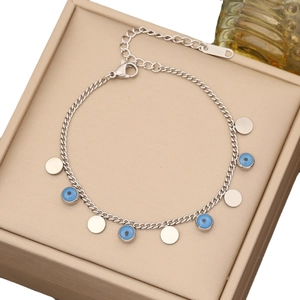 Edelstahl Armband in Silber mit blauen Evil Eye Perlen und runden Metallanhängern