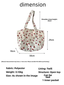 Floral chiffon tote bag dimensions showing 50cm width and polyester fabric details