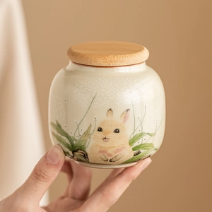 Ceramic Tea Caddy Ru Kiln Small Storage Jar With Wood Lid Portable Airtight Rabbit Pattern Oriental Style Decorative