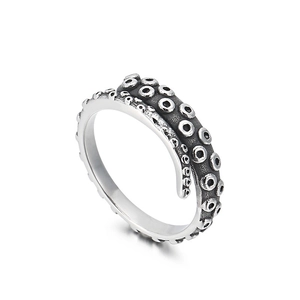 Vintage octopus tentacle ring in oxidized silver stainless steel with adjustable open band