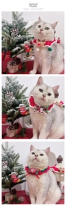 Detailed view of three handmade knitted Christmas pet collars with reindeer and snowman charms