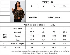 Größentabelle für geblümte schulterfreie Bluse mit Details zu 100% Polyestergewebe