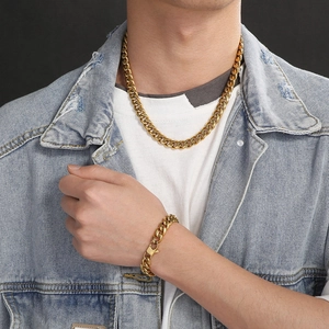 Men's gold plated titanium steel Cuban chain necklace and bracelet set jewelry