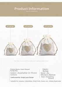 Linen gift bags with heart pattern in three sizes: 8x10cm, 10x14cm, and 13x18cm