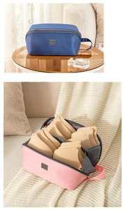 Three-in-one travel organizer bag for underwear and socks in pink and blue colors