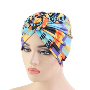 Ethnic style colorful floral print turban hat with 3D twisted knot design for women