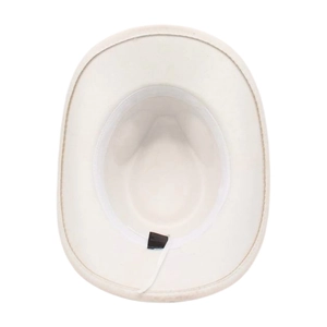 Detailed interior view of ivory cowboy hat with white sweatband and black fabric label