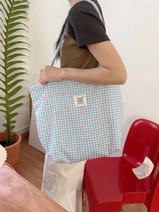 Kawaii Ribbon Bow Print Canvas Tote Bag Plaid Check Pattern Large Capacity Student Shoulder Handbag Daily Casual Sweet Girls
