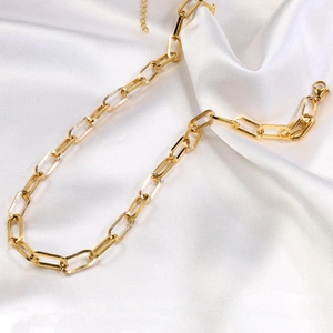 Minimalist 18K gold plated stainless steel paperclip link chain necklace on silk