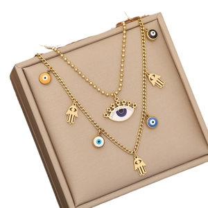 Double-layered gold stainless steel evil eye necklace with Hamsa hand charms