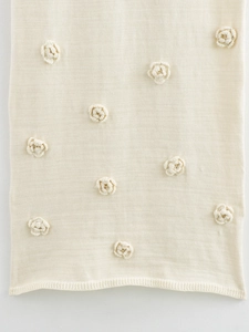 Chic off-the-shoulder knit dress featuring 3D crochet flower details in cream white