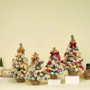 Mini Tabletop Christmas Tree Flocked Snow Desktop Decoration Burlap Base LED Red Gold Ornaments Artificial Pine