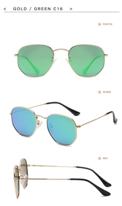 Three-way view of C16 irregular gold metal sunglasses with dark green polarized lenses