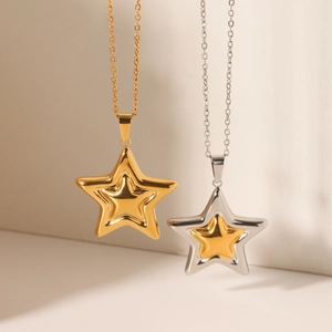Star Pendant Necklace Stainless Steel 3D Pentagram Two Tone Gold Silver Jewelry For Women Fashion Minimalist Accessories