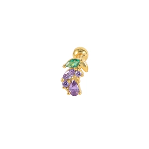 Macro shot of S925 sterling silver fruit-shaped cartilage stud with purple and green zircons