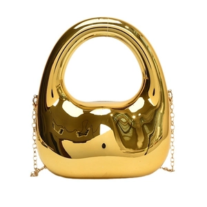 Chic gold acrylic U-shaped evening bag with glossy metallic finish and fine chain strap