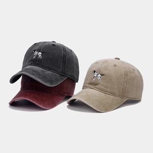 Vintage washed cotton baseball caps with dog embroidery in grey, burgundy and khaki