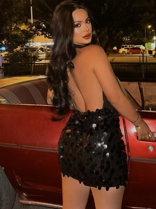Sexy black sequined backless halter mini dress featuring slim fit bodycon silhouette
