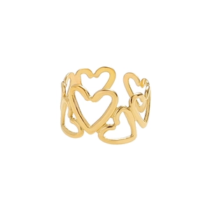 Bague ajustable en acier inoxydable plaqué or 18K avec motifs de cœurs évidés