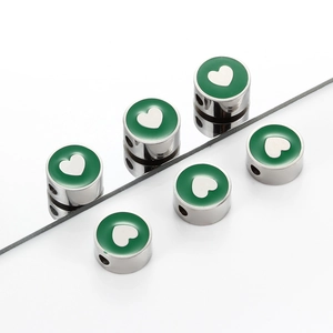 Green enamel heart round spacer bead for DIY jewelry making in polished stainless steel